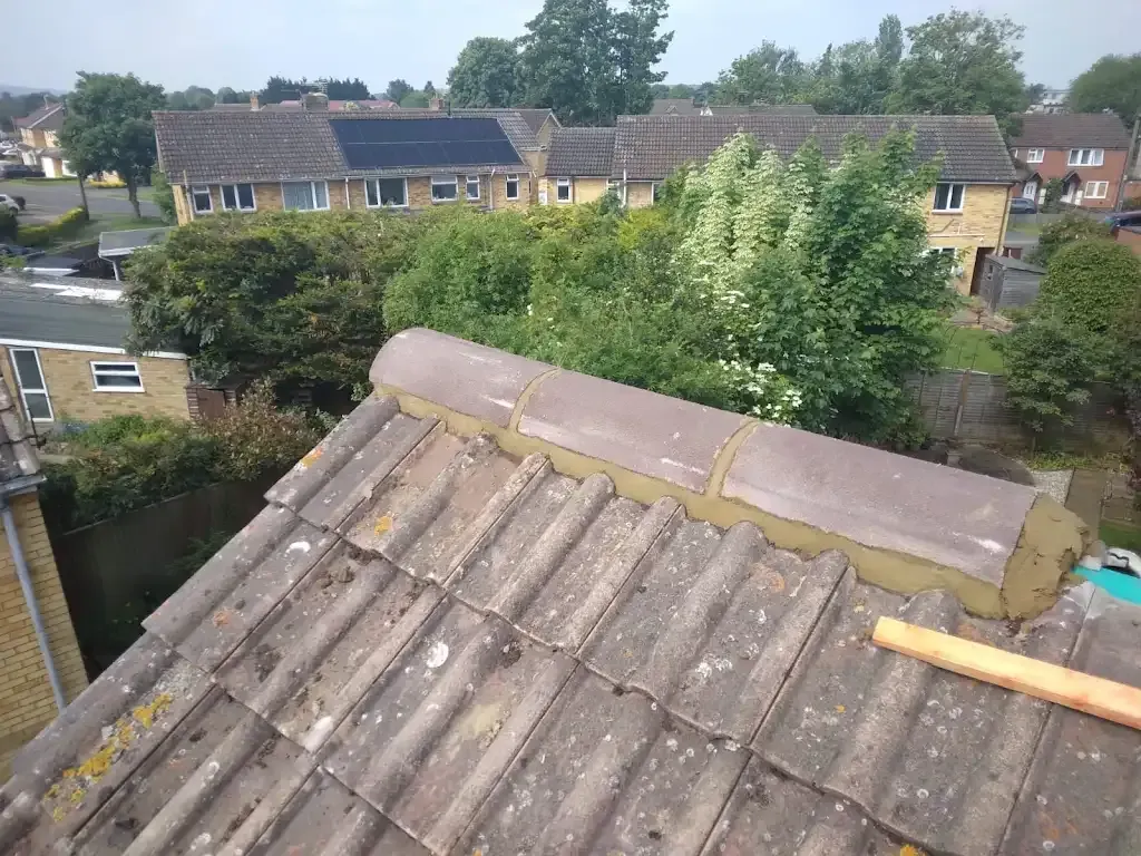 Residential tiled roof with moss and newly mortared ridge